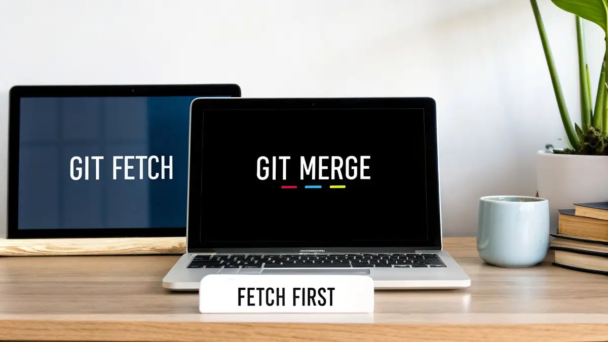 Two laptops on a desk showing GIT FETCH and GIT MERGE, with a FETCH FIRST sign