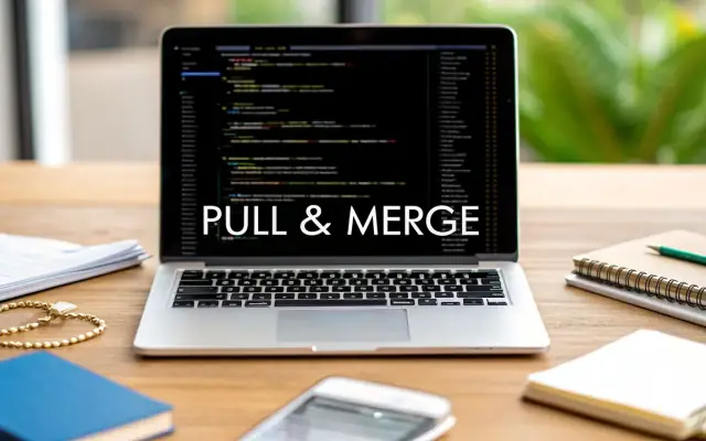 A laptop on a desk with code on screen and the words PULL & MERGE