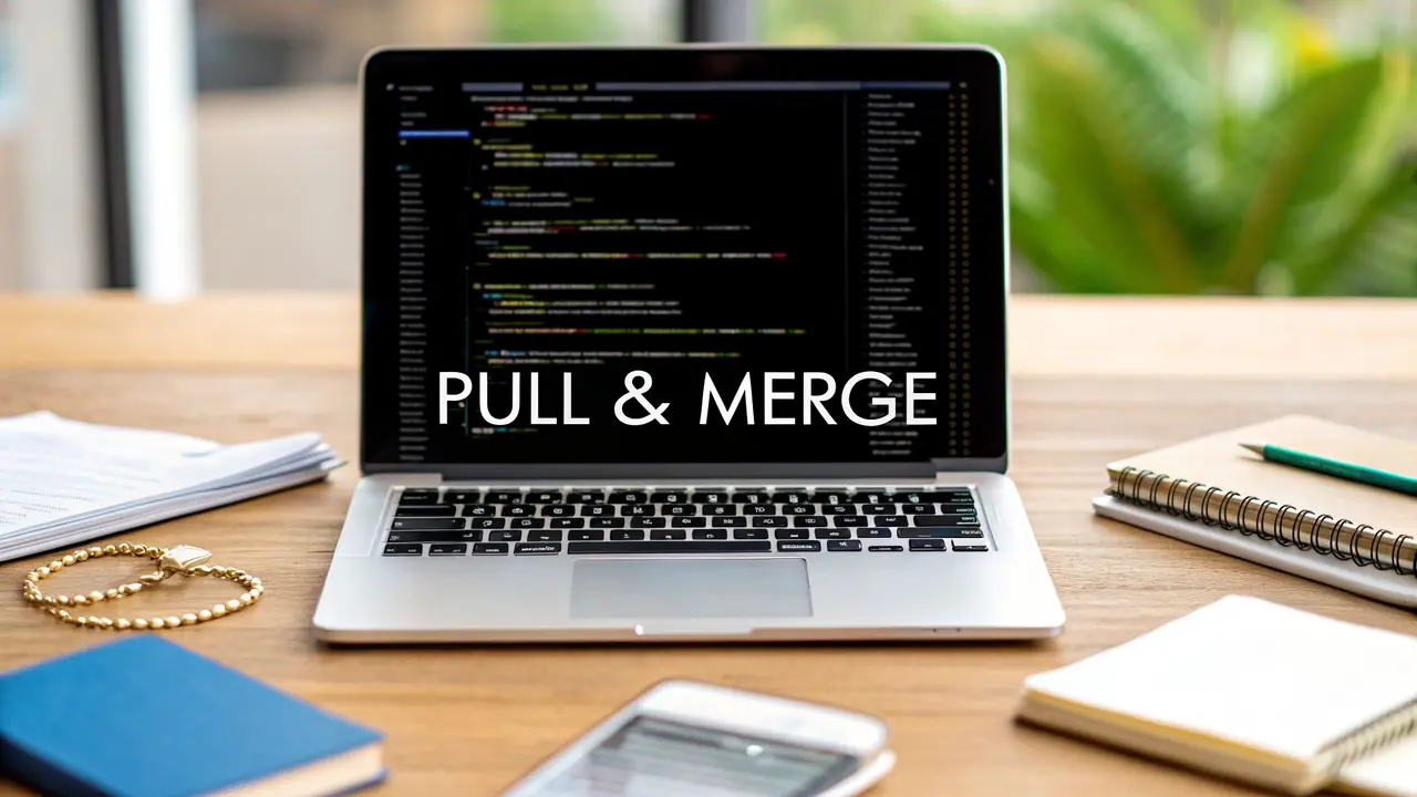 A laptop on a desk with code on screen and the words PULL & MERGE