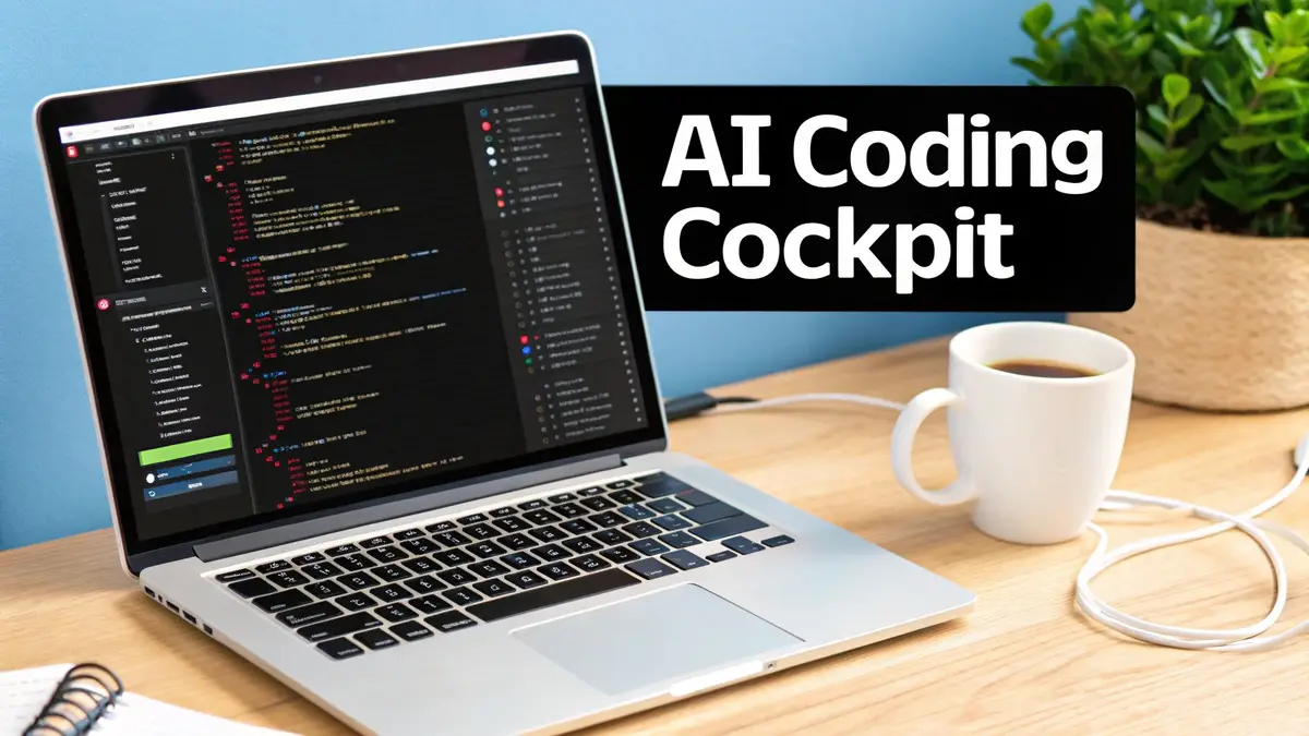 A laptop showing code next to a coffee cup and a plant, with the words AI Coding Cockpit.