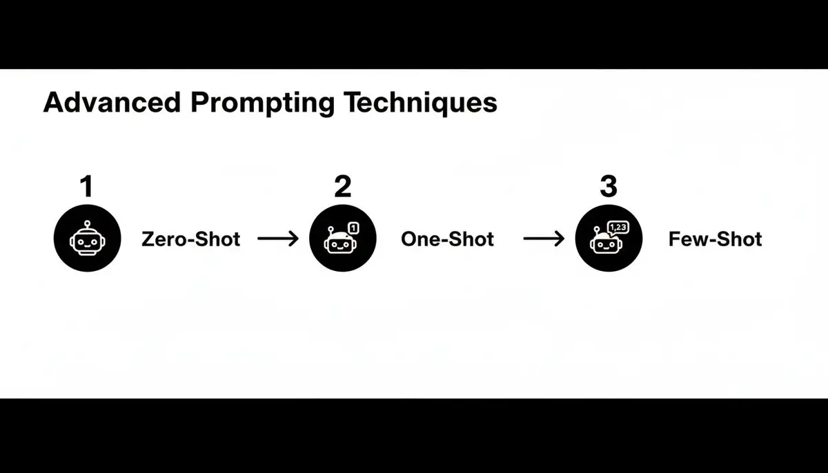 Diagram of zero-shot, one-shot and few-shot prompting, drawn with robot icons.