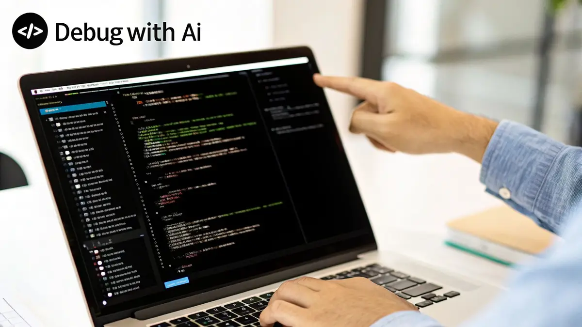 A person debugging code on a laptop in an AI code editor, one hand typing and the other pointing at the screen.