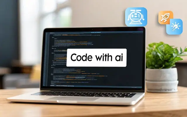 A laptop on a desk with the words Code with ai over a screen of code, three app icons floating above it
