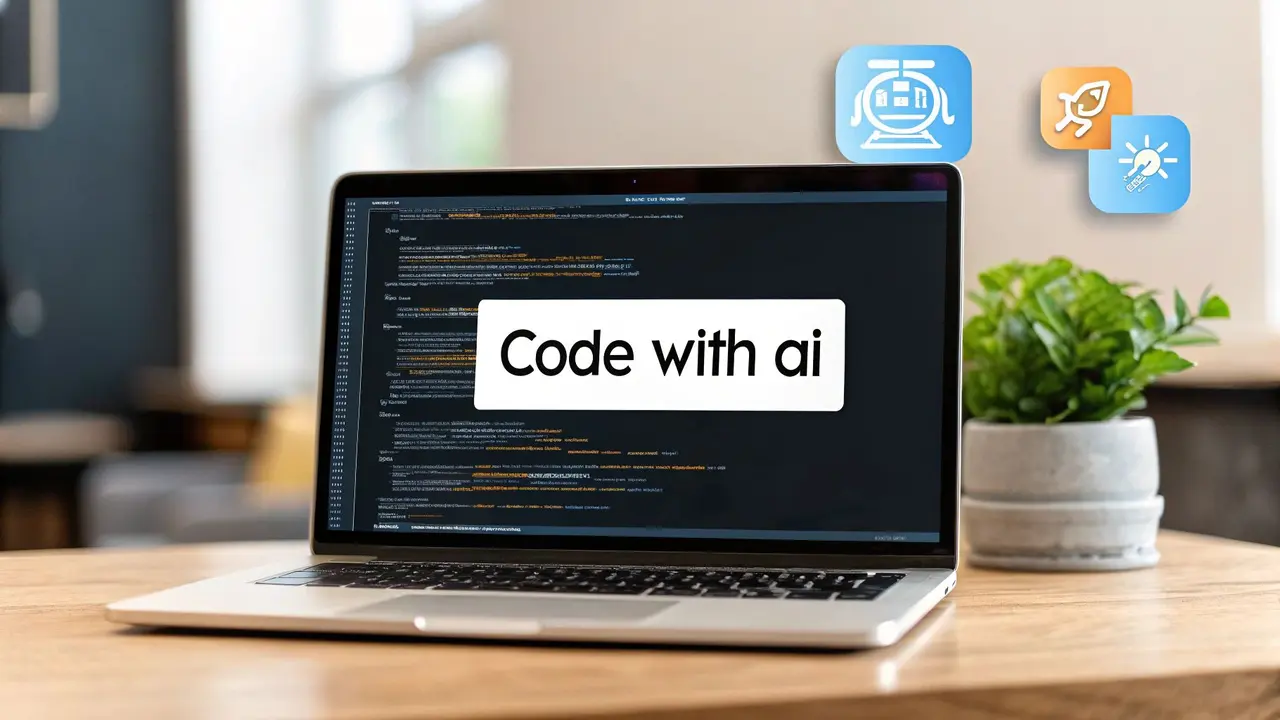 A laptop on a desk with the words Code with ai over a screen of code, three app icons floating above it