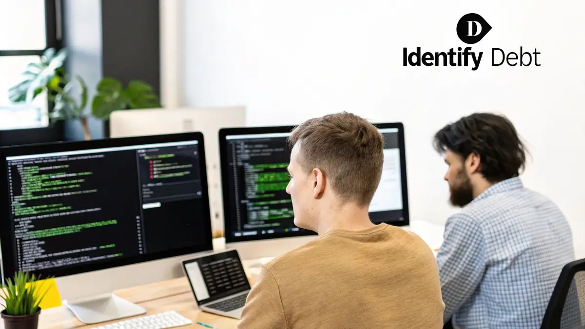 A developer team gathered around a monitor, collaboratively pointing at lines of code, illustrating the process of identifying technical debt.