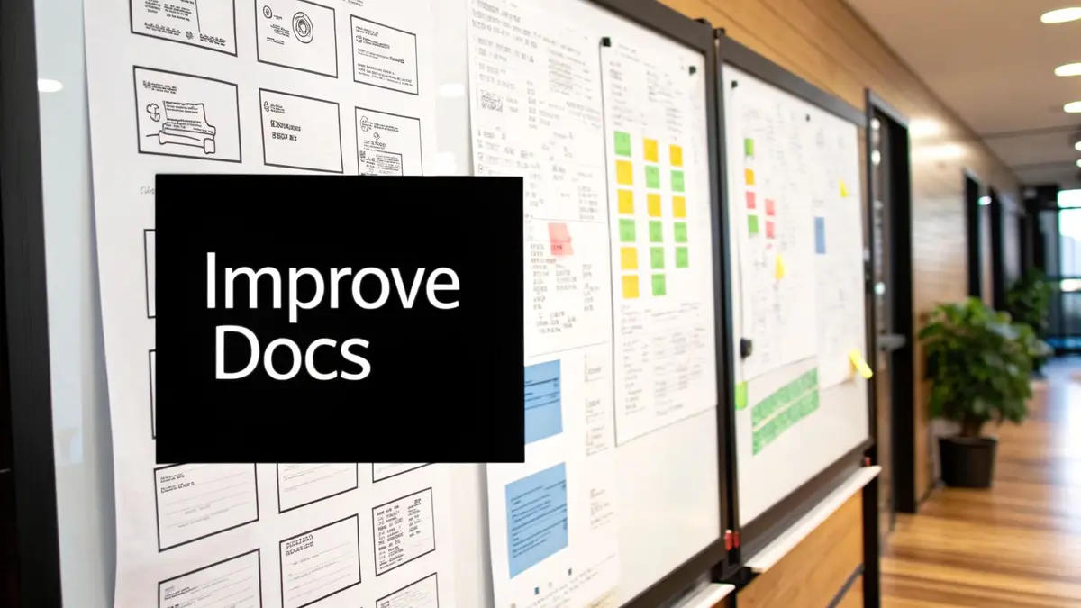 A collaborative team working around a whiteboard, sketching out architectural diagrams and fostering a culture of quality.