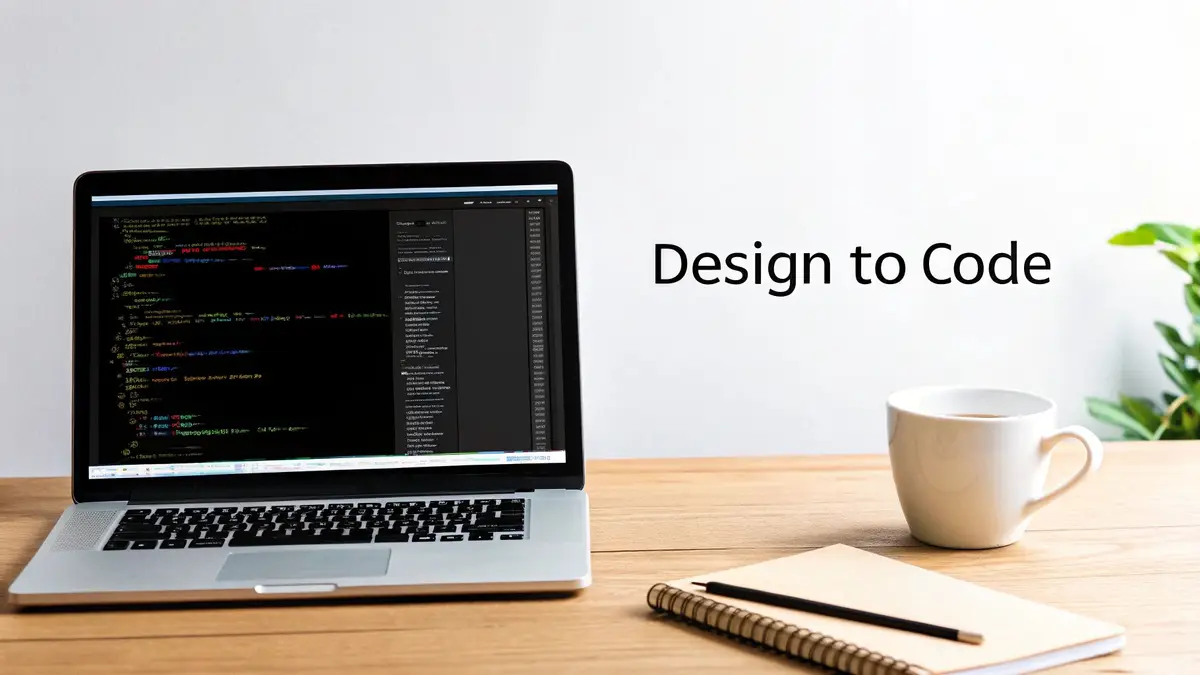 A laptop showing code on a desk beside the words Design to Code, a coffee cup and a notebook