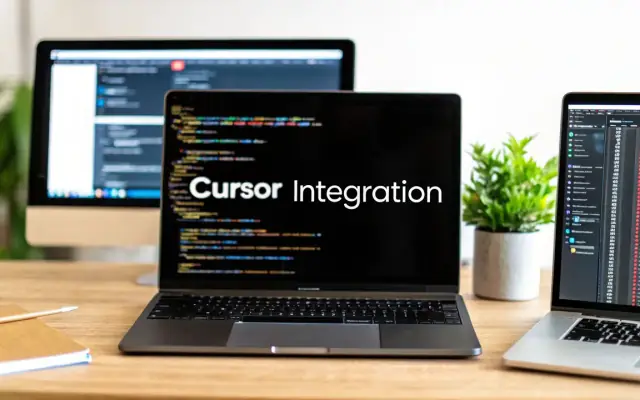 A laptop showing code with the words Cursor Integration, between a desktop monitor and a second laptop