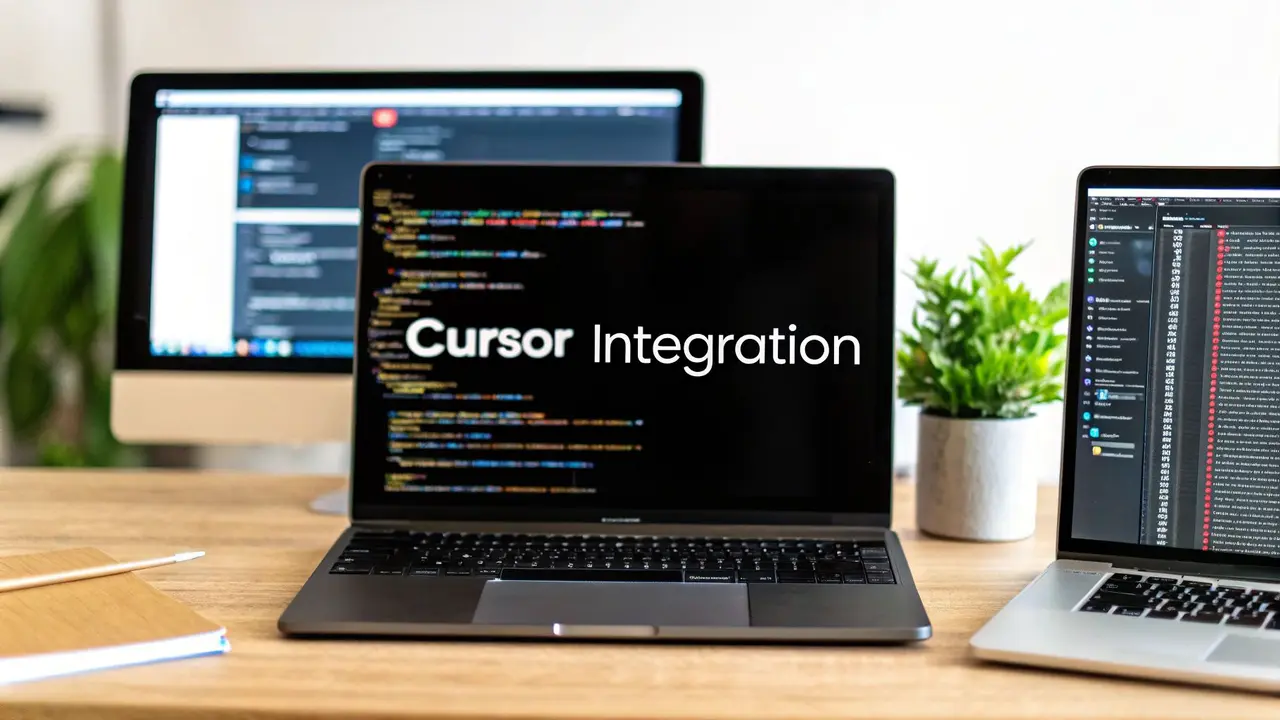 A laptop showing code with the words Cursor Integration, between a desktop monitor and a second laptop