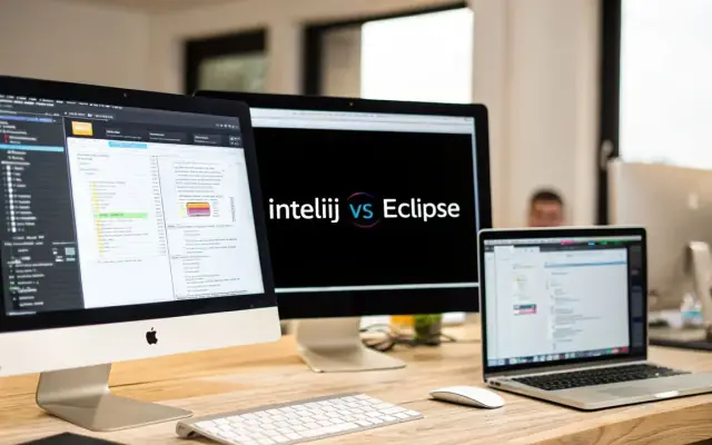 Two desktop monitors and a laptop on a desk, the middle screen reading IntelliJ vs Eclipse
