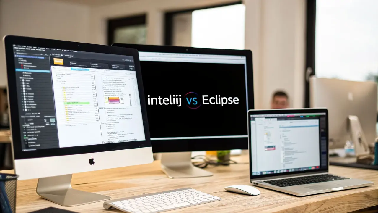 Two desktop monitors and a laptop on a desk, the middle screen reading IntelliJ vs Eclipse