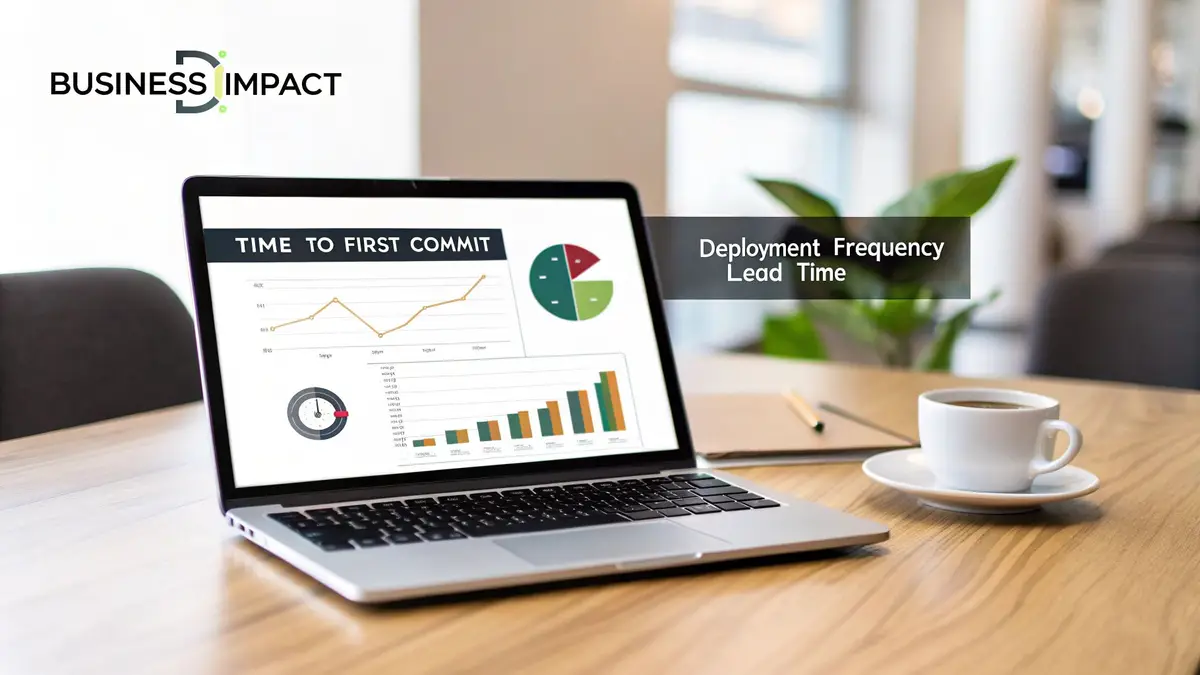 Laptop screen showing software development metrics like 'Time to First Commit' and 'Deployment Frequency'.