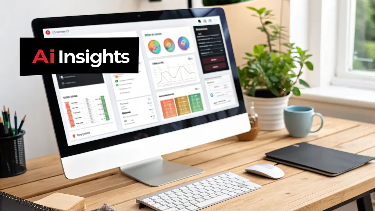 A computer screen displays 'Ai Insights' on a modern desk with a keyboard, mouse, and plant.
