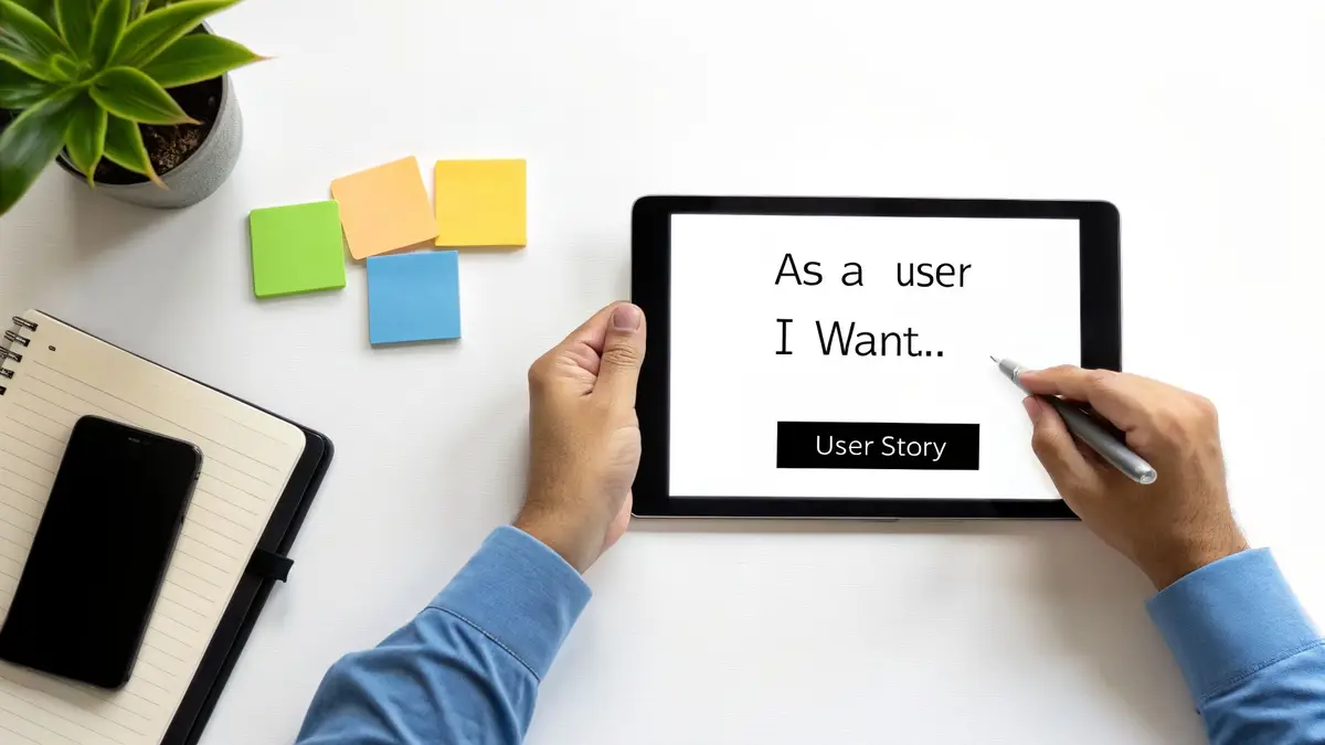 Hands writing a user story on a tablet, with sticky notes, a notebook and a plant on a white desk