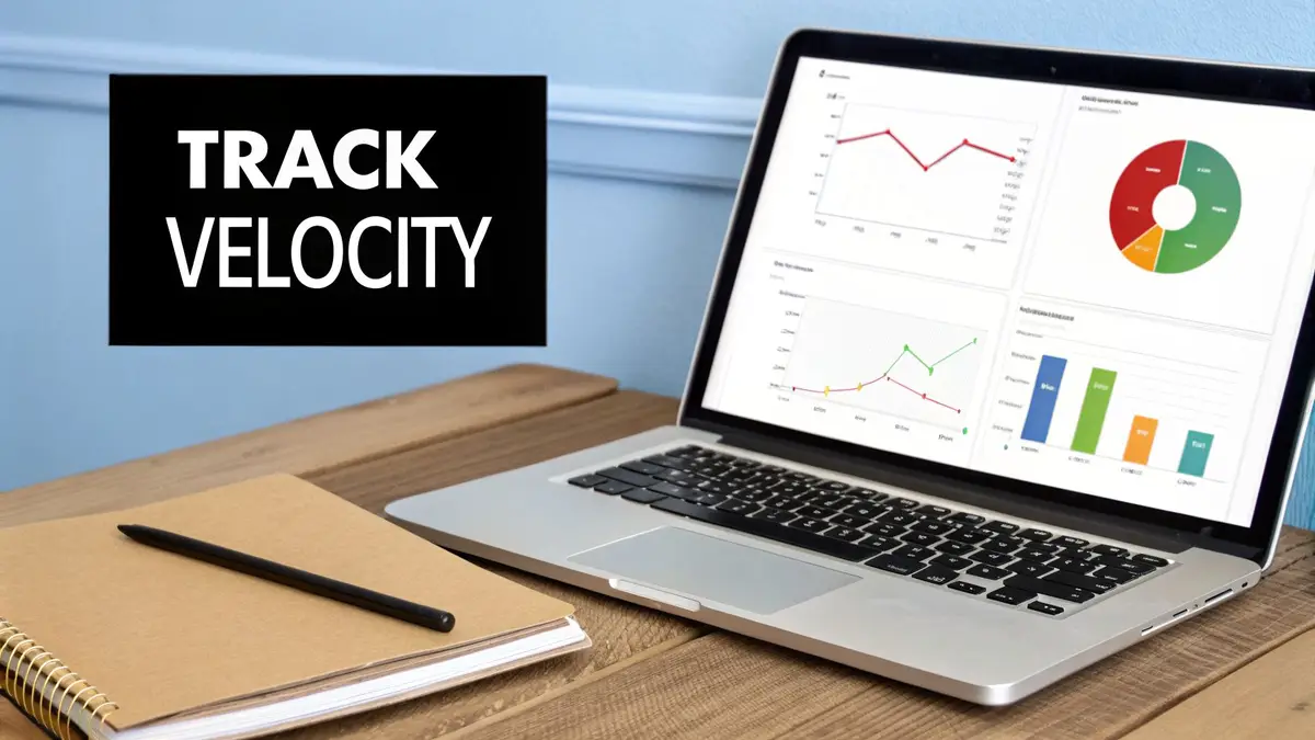 A laptop on a wooden desk showing a dashboard of charts, with a notebook, a pen and the words Track Velocity