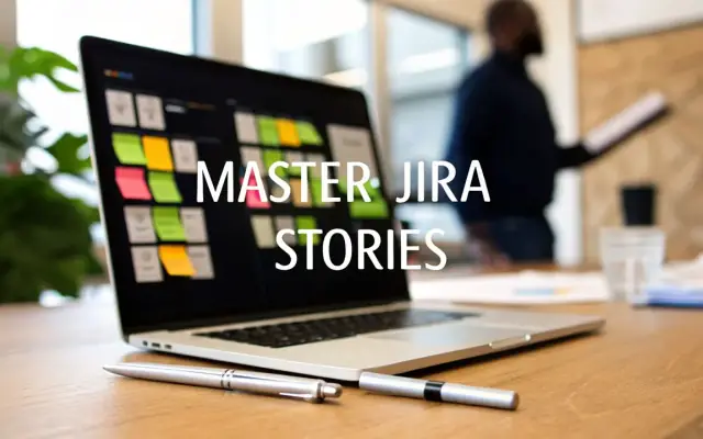 A laptop showing a board of colored sticky notes with the words Master Jira Stories, and a person presenting in the background