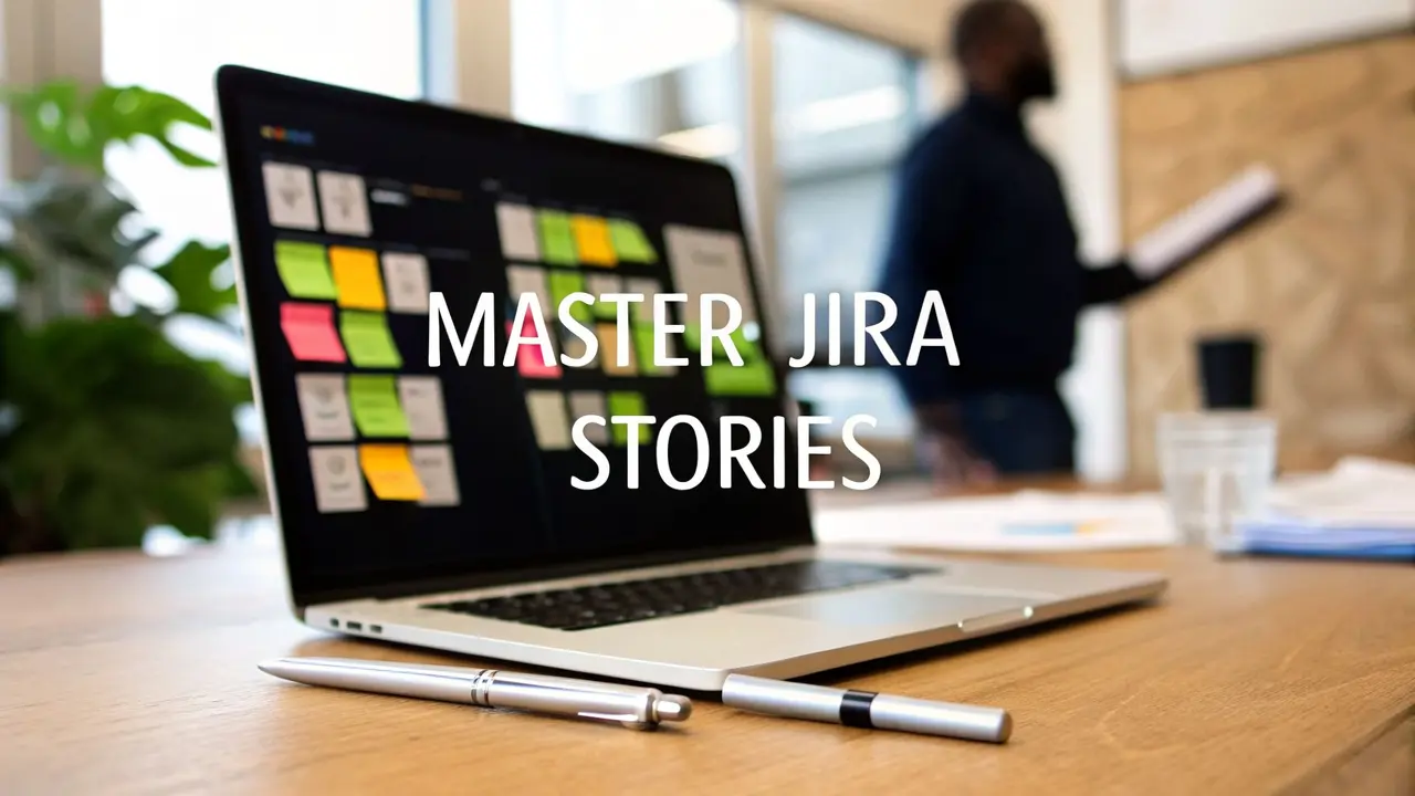 A laptop showing a board of colored sticky notes with the words Master Jira Stories, and a person presenting in the background