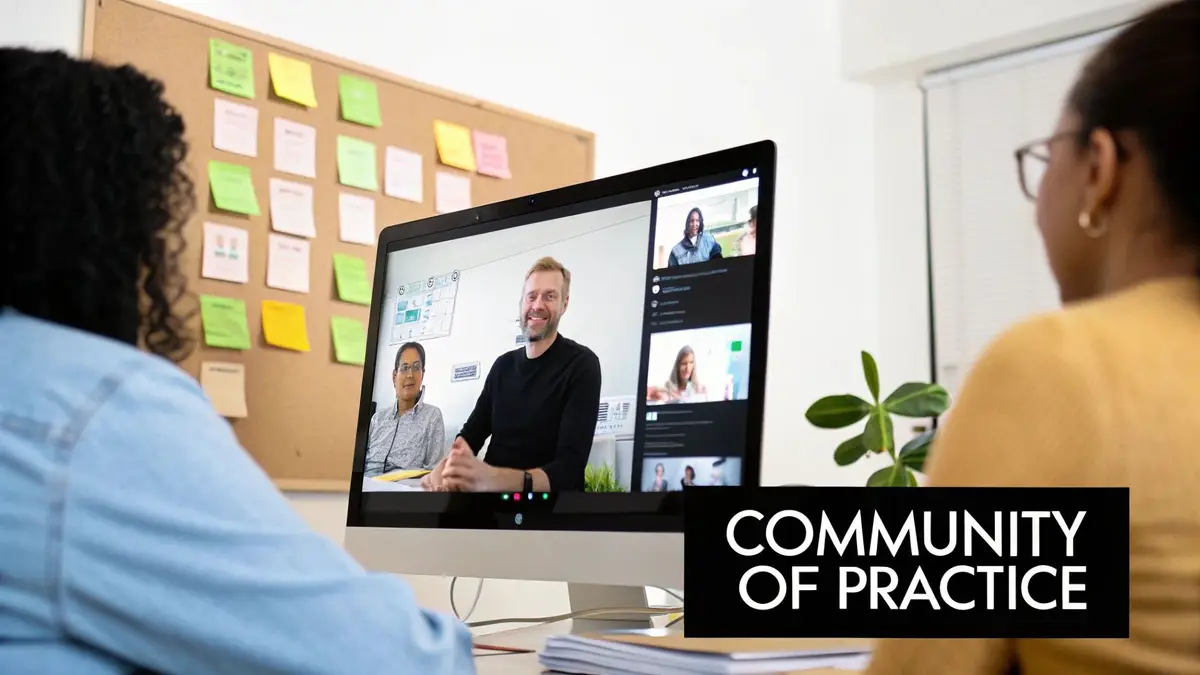 Professionals in video conference meeting discussing collaborative work with community of practice overlay text