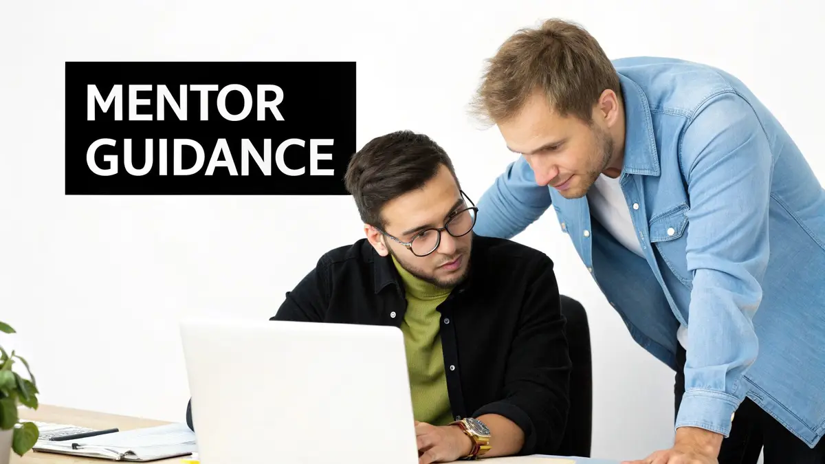 Mentor providing guidance to young professional working on laptop in modern office workspace
