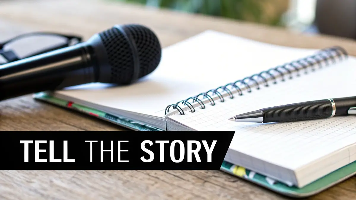 Microphone, spiral notebook, and pen on desk representing storytelling and content creation for knowledge sharing