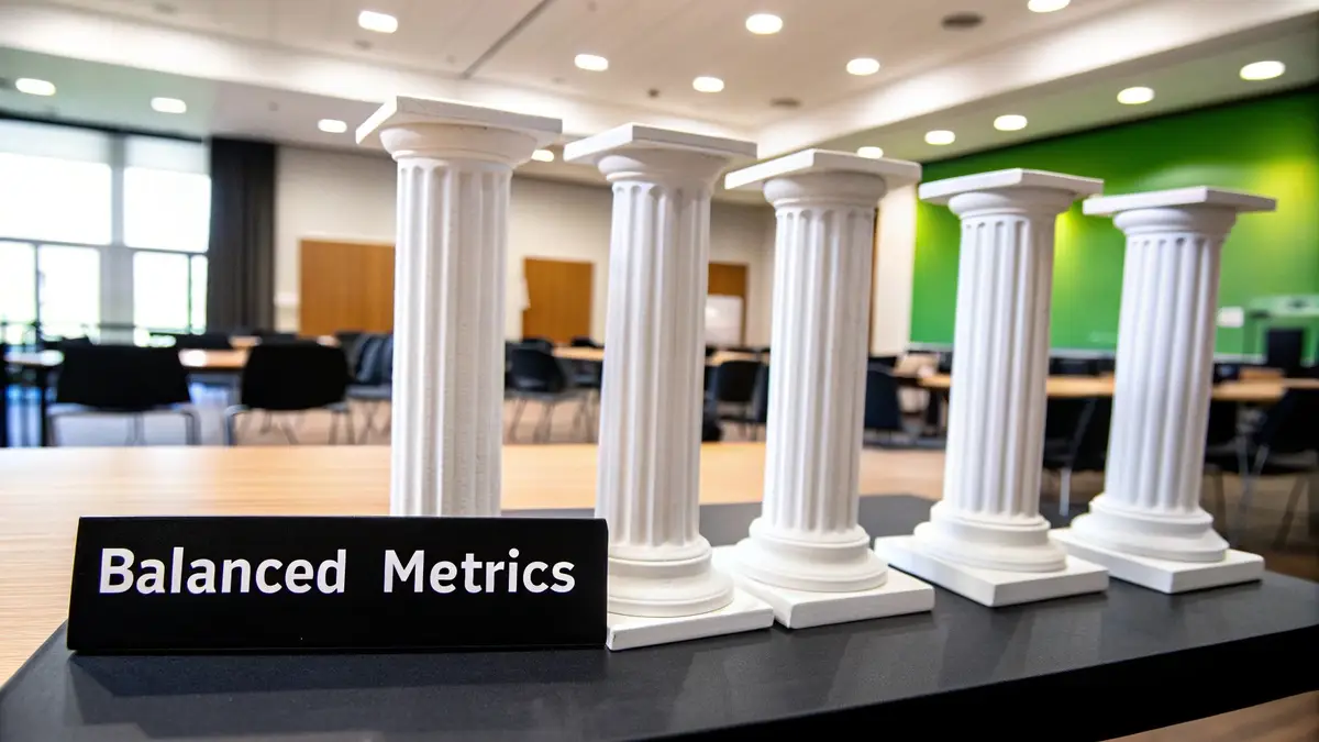 A balanced scale with icons representing quality, speed, efficiency, and business impact