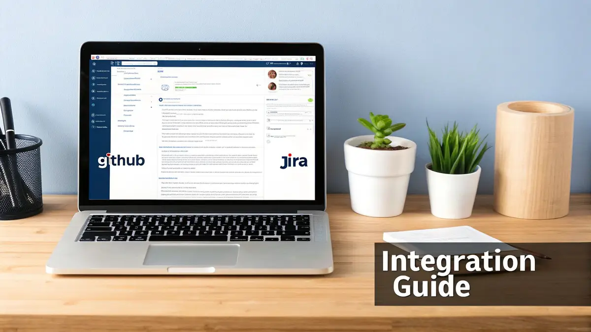A laptop on a wooden desk shows GitHub and Jira integration, with an 'Integration Guide' overlay.