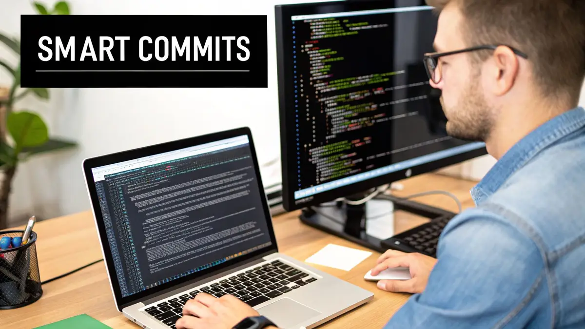 A developer works on a laptop and external monitor displaying code, with 'SMART COMMITS' text overlay.