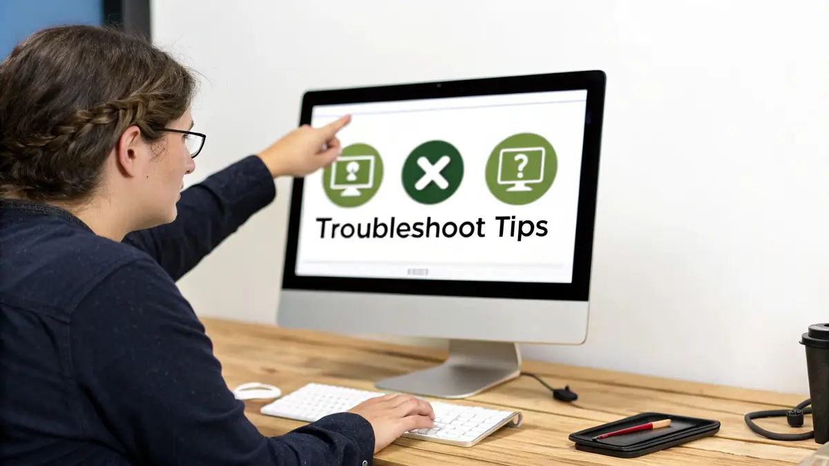A person points to "Troubleshoot Tips" on a computer screen, sitting at a desk.