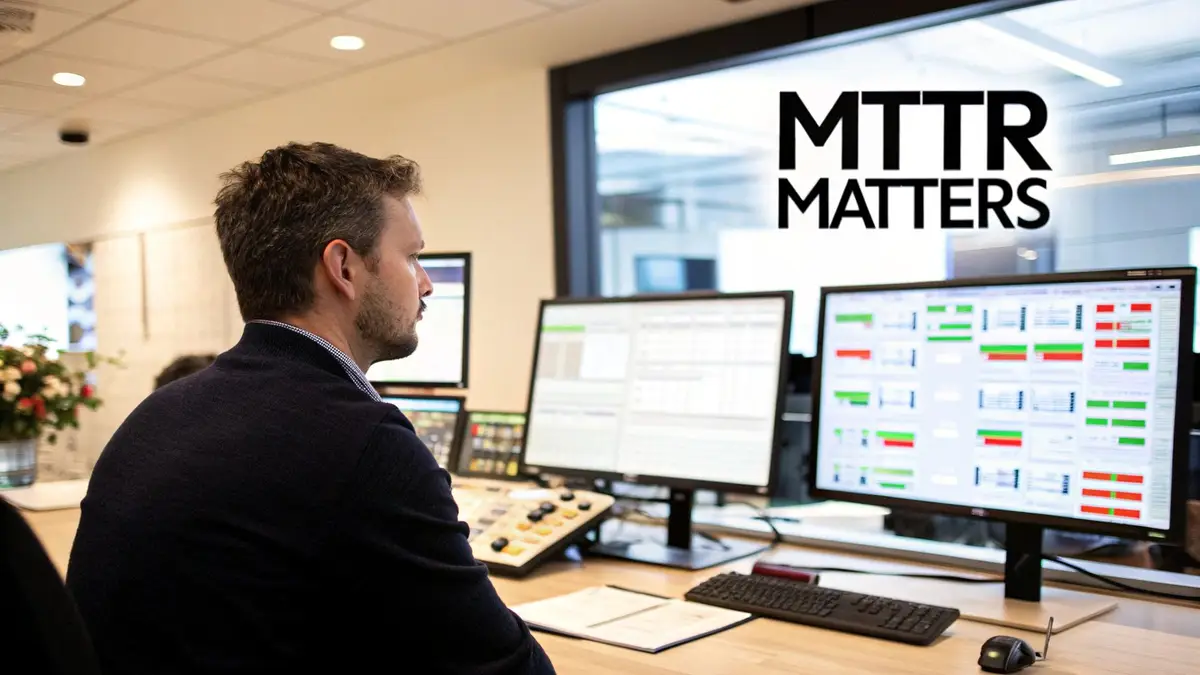 A man in a control room watches multiple computer monitors displaying operational data and charts.