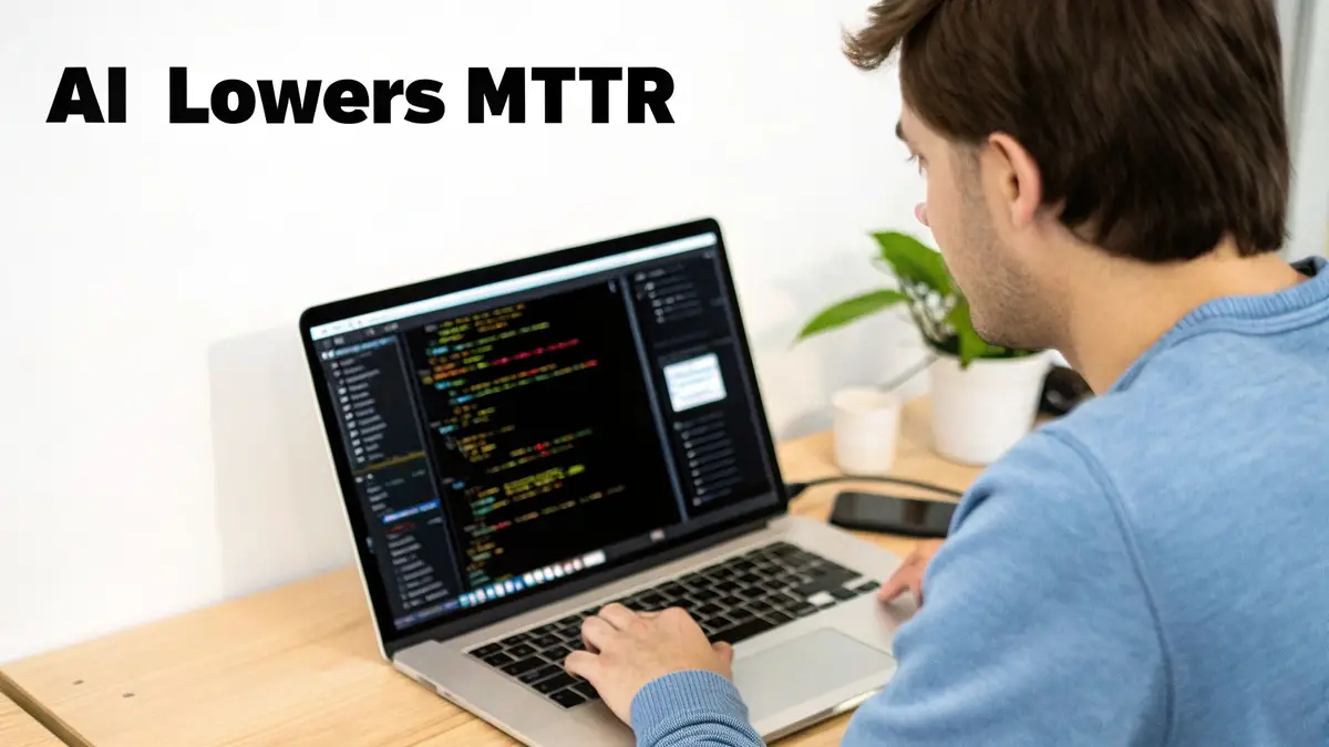 A person is coding on a laptop, with 'AI Lowers MTTR' text on a white wall.