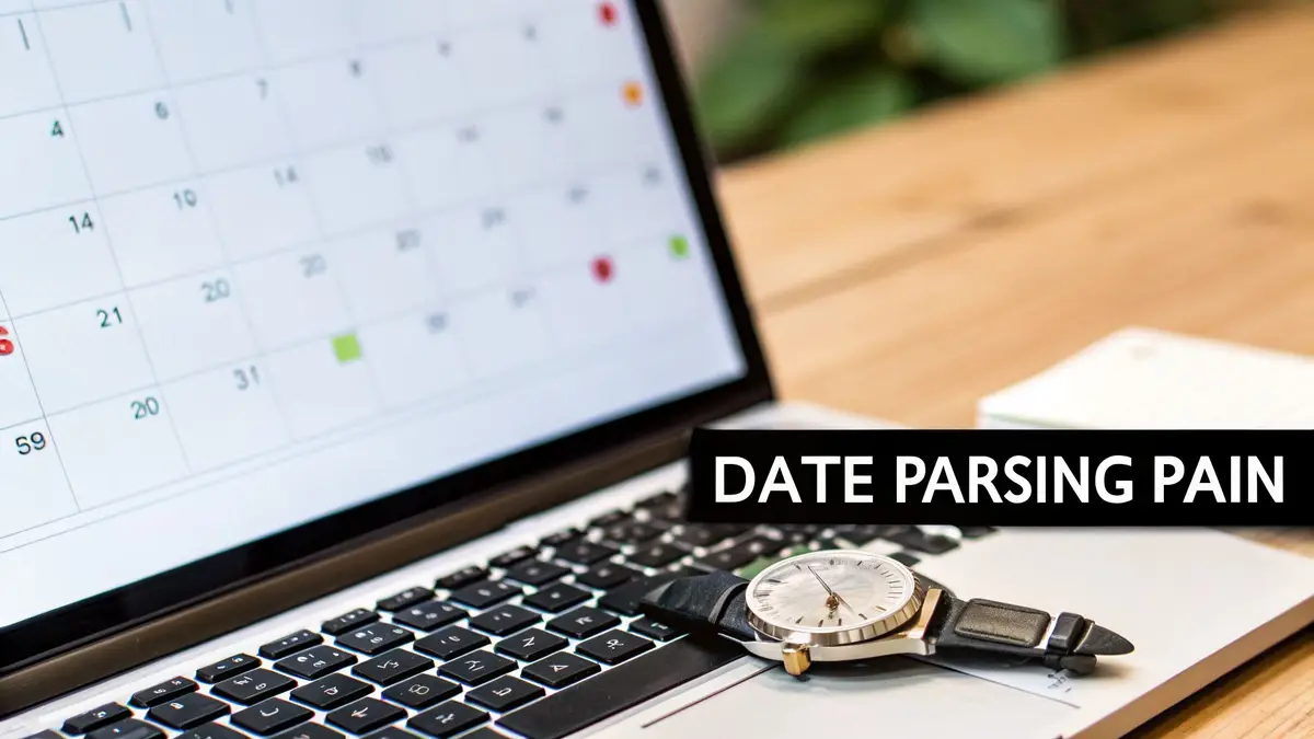 A laptop showing a calendar, with a wristwatch on the keyboard and the caption Date Parsing Pain