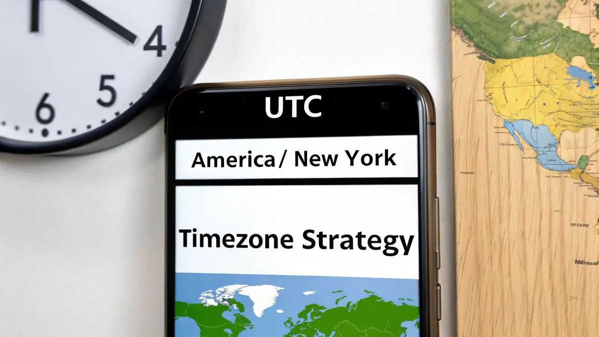 A phone showing UTC, America/New York and Timezone Strategy, next to a wall clock and a world map