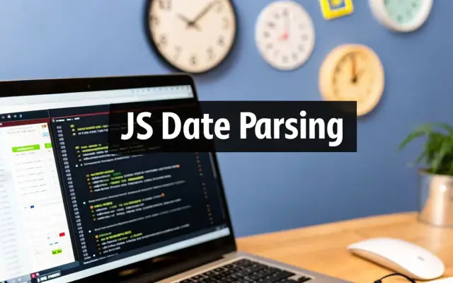 A laptop with code on screen and wall clocks behind it, captioned JS Date Parsing