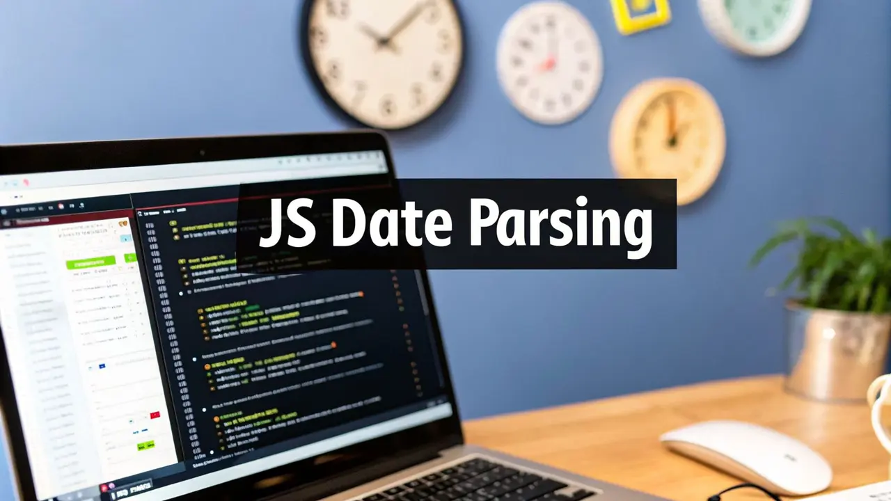 A laptop with code on screen and wall clocks behind it, captioned JS Date Parsing