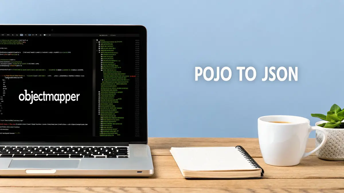 A laptop showing code and the word objectmapper next to the words POJO TO JSON