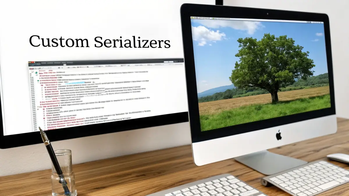 A desk with two monitors, one showing code under the words Custom Serializers
