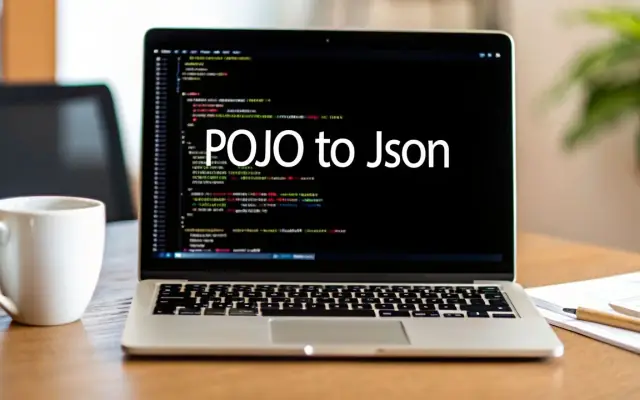 A laptop on a desk with code on screen and the words POJO to Json