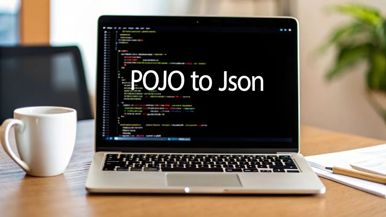 A laptop on a desk with code on screen and the words POJO to Json