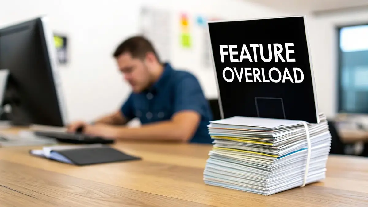 A person working at a desk with a sign saying "FEATURE OVERLOAD" on a stack of papers.