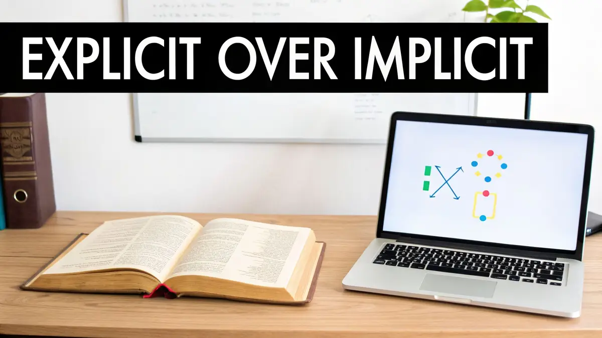A desk with an open book and laptop displaying diagrams, featuring a 'EXPLICIT OVER IMPLICIT' banner.