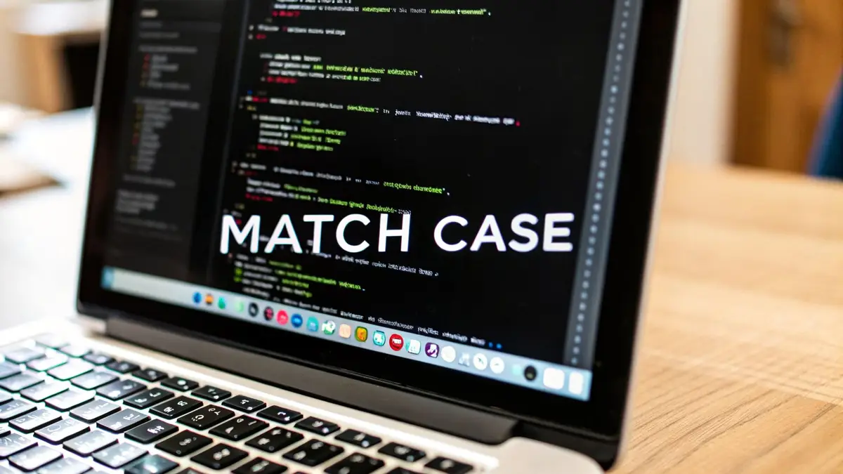 A laptop screen displays programming code with the prominent text 'MATCH CASE' in white.