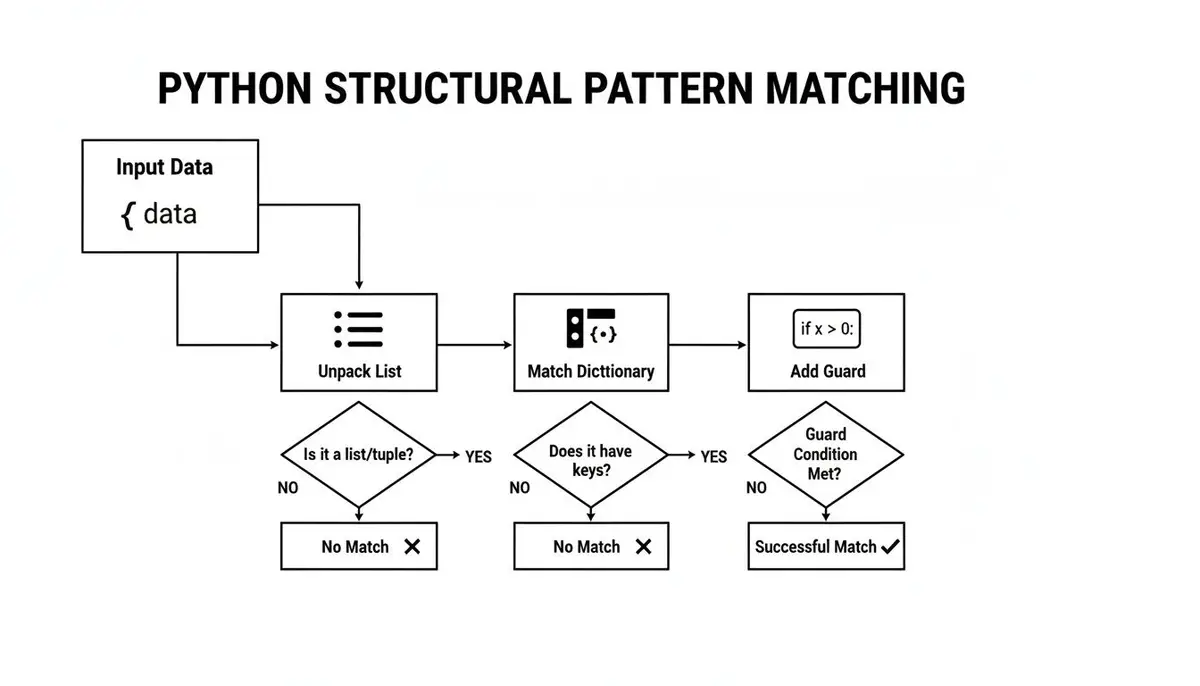Flowchart illustrating Python structural pattern matching with steps for unpacking, dictionary matching, and guard conditions.