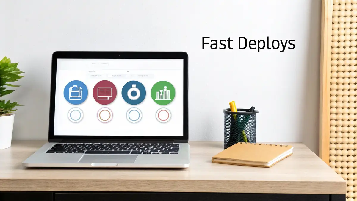 A laptop on a desk showing colorful app icons, next to the words Fast Deploys