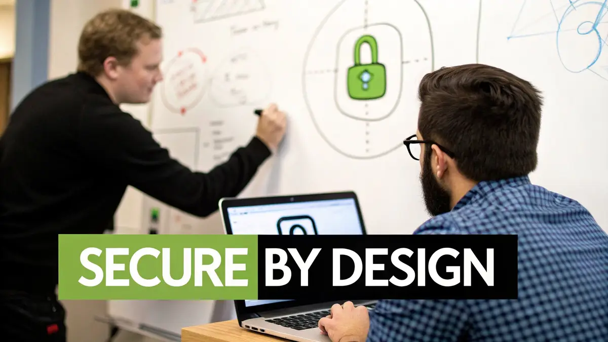 Two people at a whiteboard with a lock icon and the words SECURE BY DESIGN, one of them using a laptop