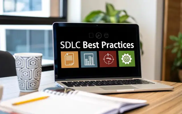 A laptop on a desk showing the words SDLC Best Practices above four icons