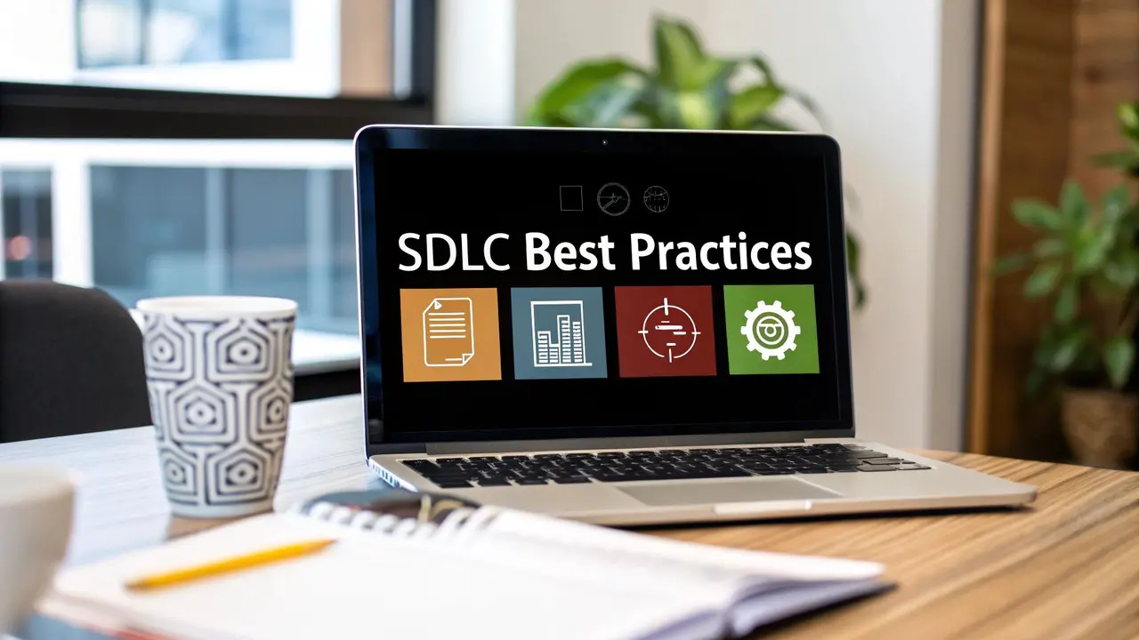 A laptop on a desk showing the words SDLC Best Practices above four icons