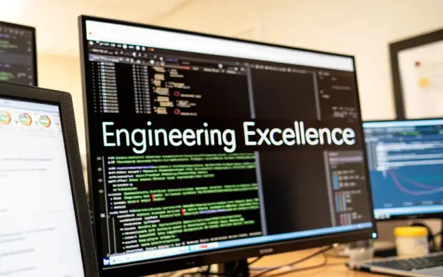 Several monitors showing code, the middle one with the words Engineering Excellence