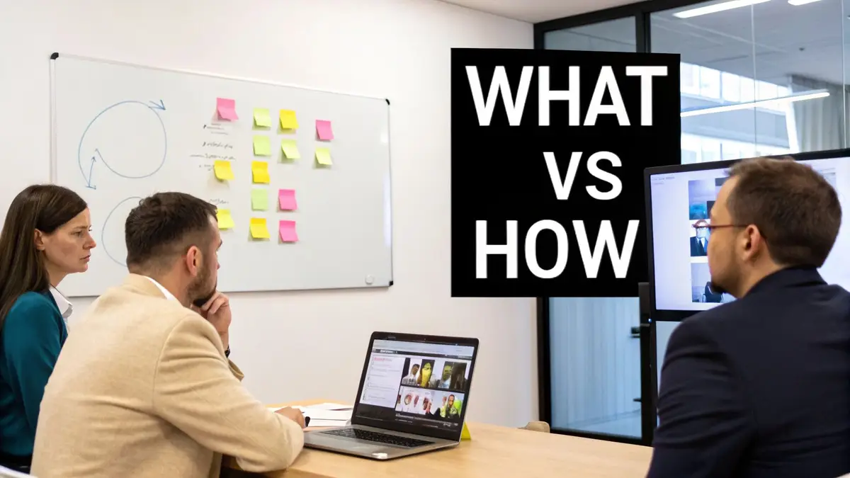 People in a modern meeting room brainstorming with sticky notes and a laptop during a team discussion.
