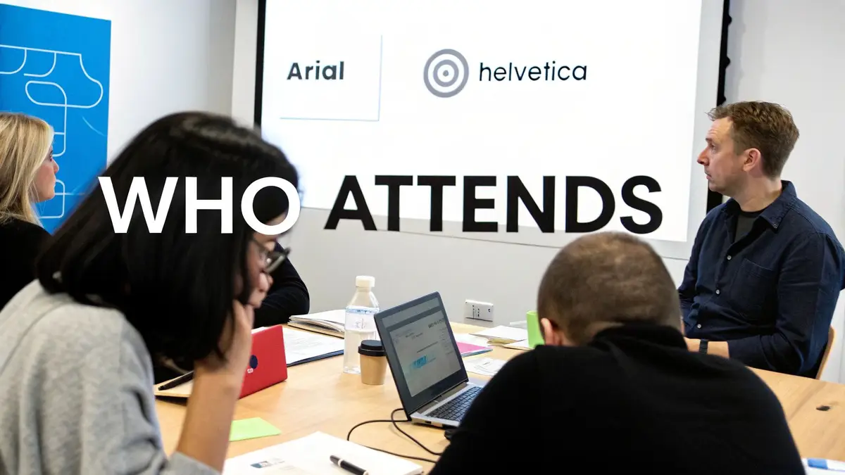 Attendees at a business meeting with a projector displaying 'WHO ATTENDS' and typography examples.