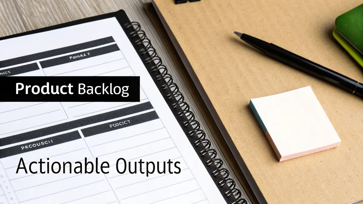 A spiral-bound notebook open to a page showing 'Product Backlog' and 'Actionable Outputs' sections.